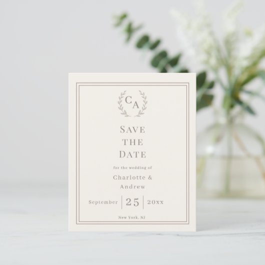 Ivory taupe monogram wreath wedding Save the Date  (Staand voorkant)