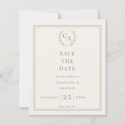 Ivory taupe monogram wreath wedding Save the Date (Voorkant)