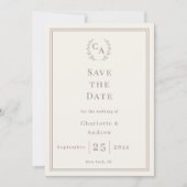 Ivory taupe monogram wreath wedding save the date (Voorkant)