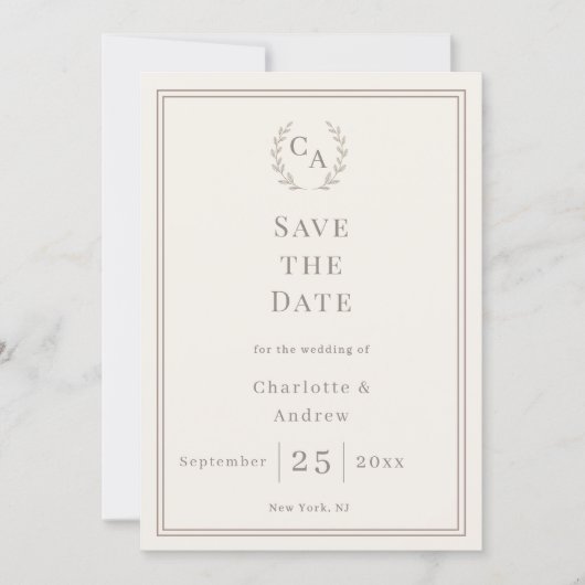 Ivory taupe monogram wreath wedding save the date (Voorkant)
