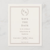 Ivory taupe monogram wreath wedding Save the Date  Flyer (Voorkant)