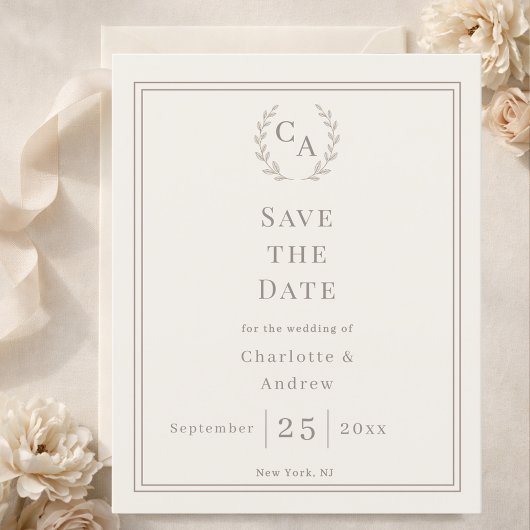 Ivory taupe monogram wreath wedding Save the Date  Flyer