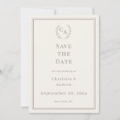 Ivory taupe monogrammed wreath wedding save the date (Voorkant)