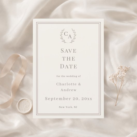 Ivory taupe monogrammed wreath wedding save the date