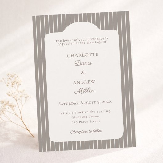 Ivory Taupe Neutral Pinstriped Wedding  Kaart