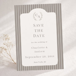 Ivory Taupe Neutral Pinstriped Wedding Save The Date