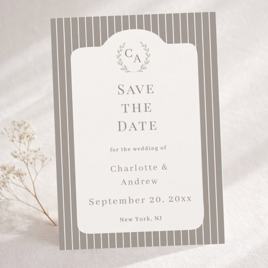 Ivory Taupe Neutral Pinstriped Wedding  Save The Date