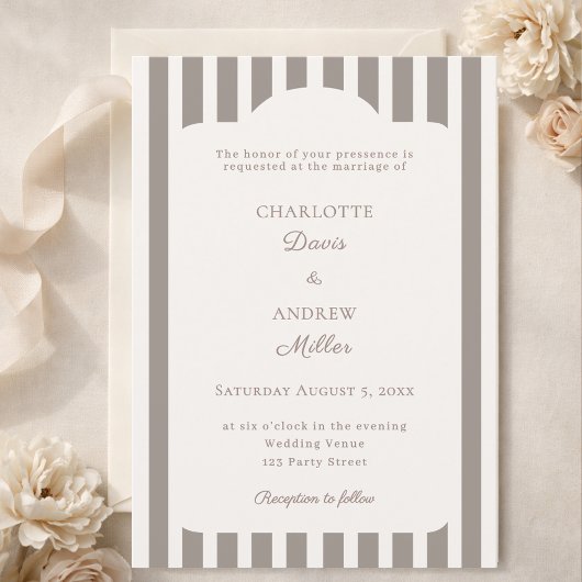 Ivory Taupe Neutral Striped Wedding  Kaart