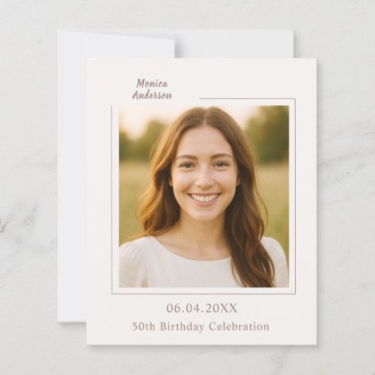 Ivory taupe photo birthday invitation (Voorkant)