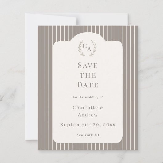 Ivory Taupe Pinstriped Wedding Save the Date Card (Voorkant)