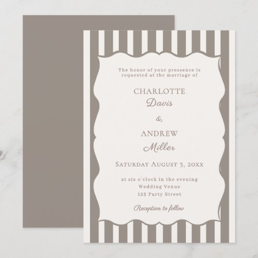 Ivory taupe striped simple wedding kaart (Voorkant / Achterkant)