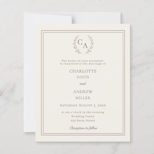 Ivory taupe wreath monogram wedding invitation (Voorkant)