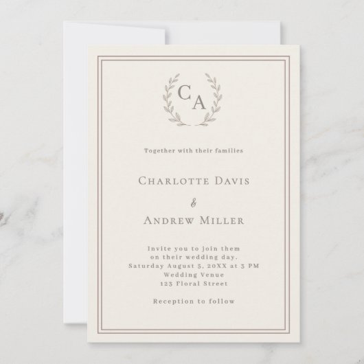 Ivory taupe wreath monogrammed simple wedding  kaart (Voorkant)