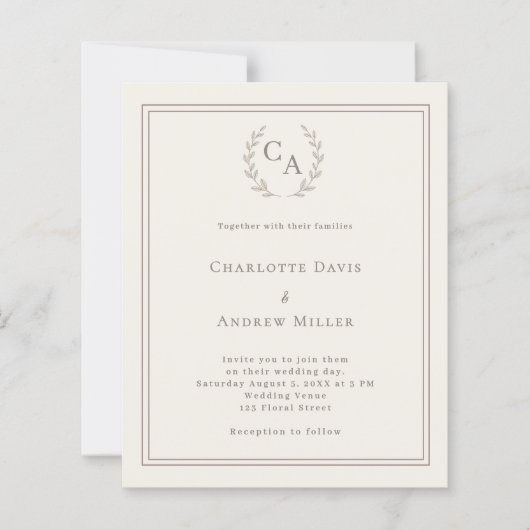 Ivory taupe wreath monogrammed wedding invitation (Voorkant)