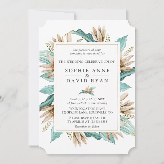 Ivory Turquoise Lilies Flowers Geometric Wedding Kaart (Voorkant)