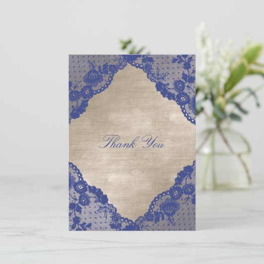 Ivory Velvet Royal Blue Navy Lace Dank u Kaart (Staand voorkant)