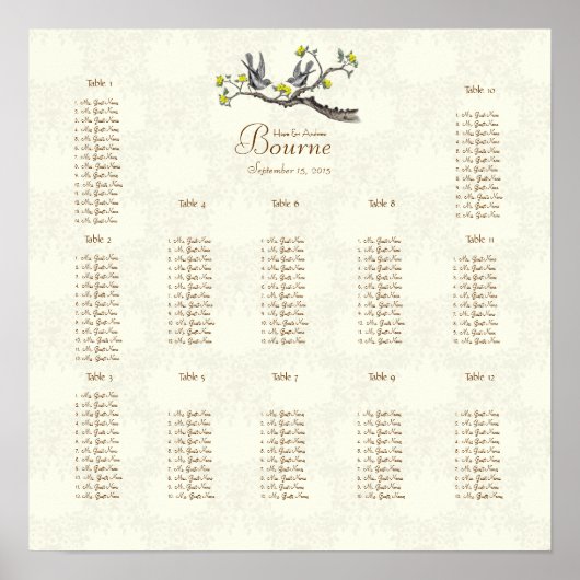 Ivory vogelsoorten Geel bloem Zitten 12 tafels Poster (Voorkant)