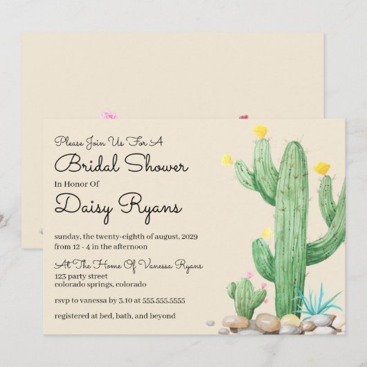 Ivory Waterverf Cactus Bridal Shower Kaart (Voorkant / Achterkant)