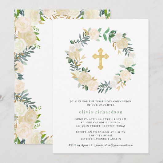 Ivory Waterverf Floral Gold Cross First Community Kaart (Voorkant / Achterkant)