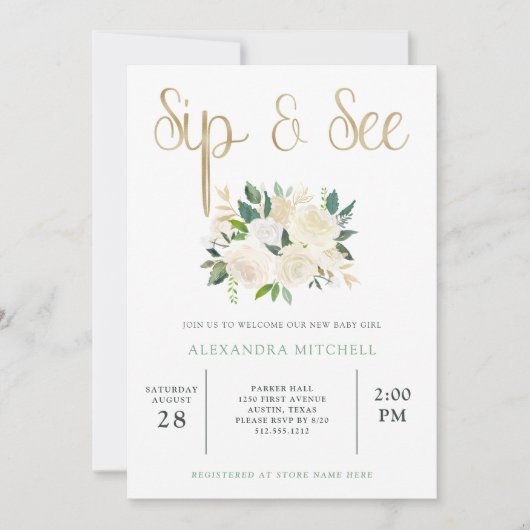 Ivory Waterverf Floral met Gold | Sip en Zie Kaart (Voorkant)