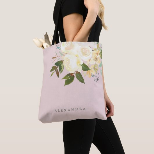 Ivory Waterverf Florals op Blush Tote Bag (Dichtbij)