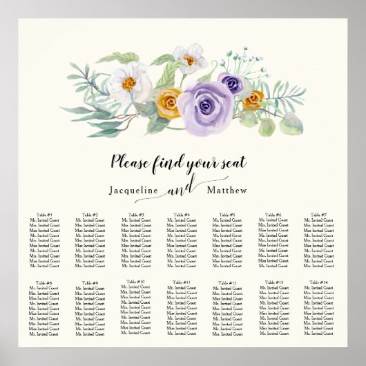 Ivory Waterverf Paars Gold White Seating Chart Poster (Voorkant)