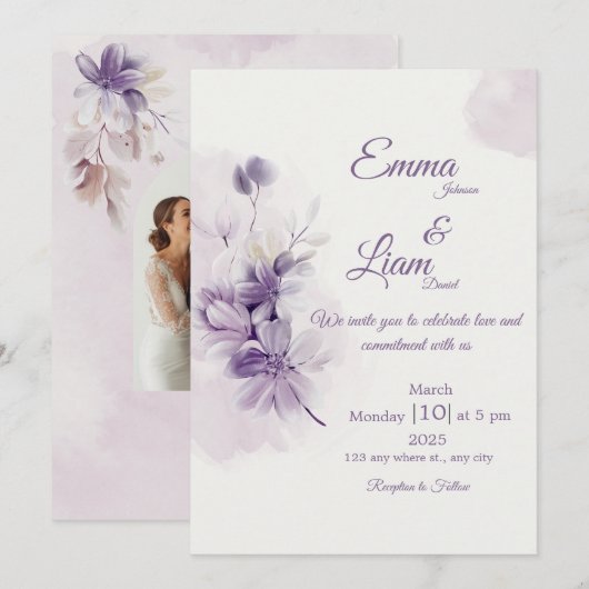 Ivory Wedding Invitation | Mauve Floral Design Kaart (Voorkant / Achterkant)