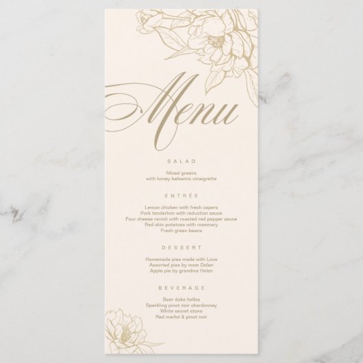 Ivory Wedding Menu-kaart, met gouden florale pony Programmakaart (Voorkant)