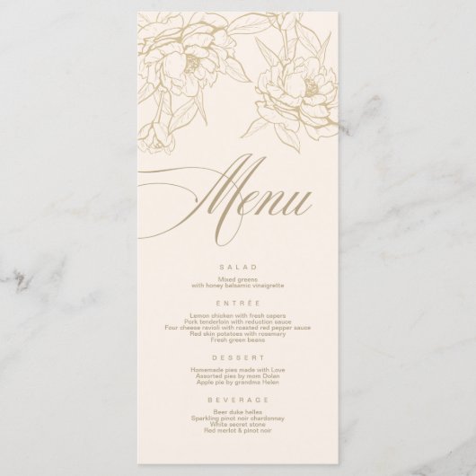Ivory Wedding Menu-kaart, met gouden florale pony Programmakaart (Voorkant)