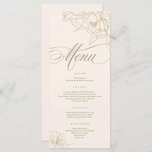 Ivory Wedding Menu-kaart, met gouden florale pony Programmakaart (Voorkant / Achterkant)