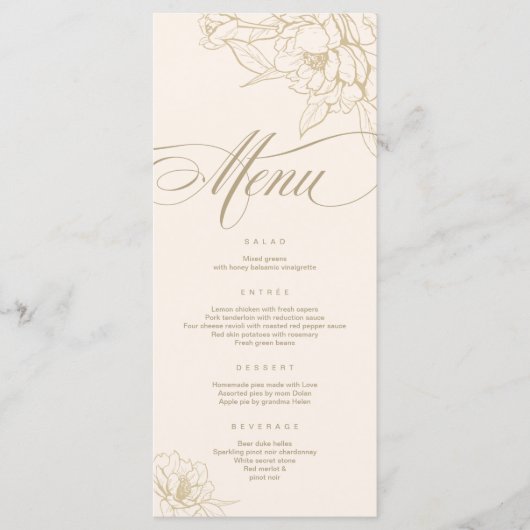 Ivory Wedding Menu-kaart, met gouden florale pony Programmakaart (Voorkant)
