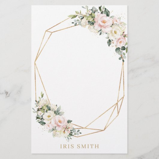 Ivory White Blush Pink Floral Gold geometric Note Briefpapier (Voorkant)