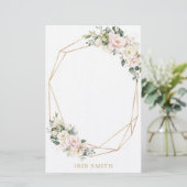 Ivory White Blush Pink Floral Gold geometric Note Briefpapier (Staand voorkant)