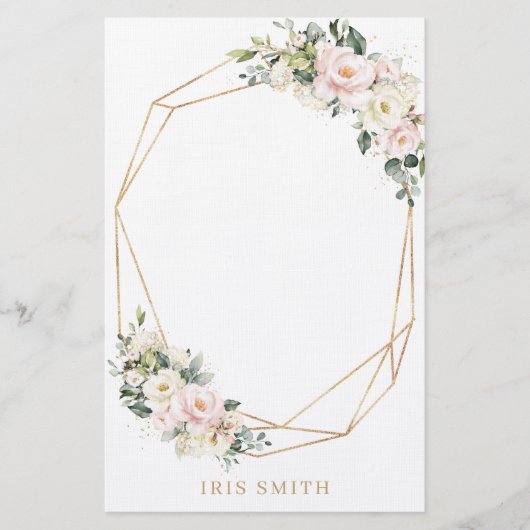 Ivory White Blush Pink Floral Gold geometric Note Briefpapier (Voorkant)