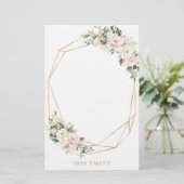 Ivory White Blush Pink Floral Gold geometric Note Briefpapier (Staand voorkant)