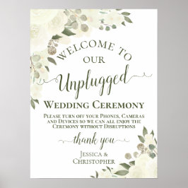 Ivory White Boho Floral Unplugged Wedding Ceremony Poster