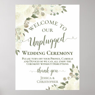 Ivory White Boho Floral Unplugged Wedding Ceremony Poster