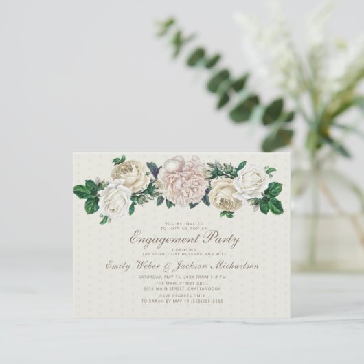 Ivory White Cream Floral Engagement Party Briefkaart (Staand voorkant)