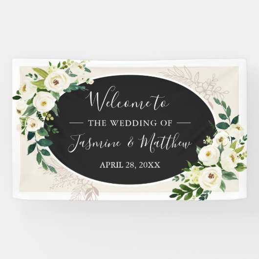 Ivory White en Green Flowers Wedding Party Spandoek (Horizontaal)