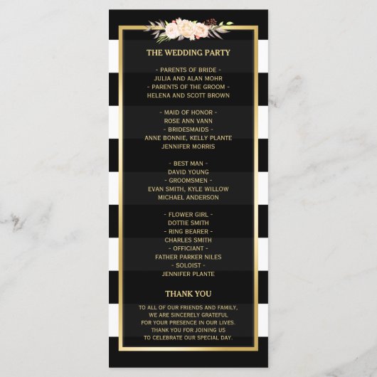 Ivory White Floral B&W Striped Wedding Programme Programmakaart (Achterkant)