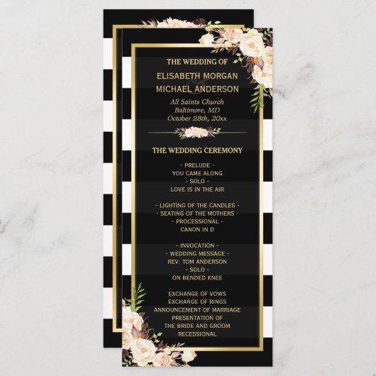 Ivory White Floral B&W Striped Wedding Programme Programmakaart (Voorkant / Achterkant)