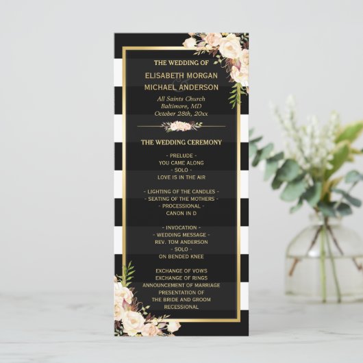 Ivory White Floral B&W Striped Wedding Programme Programmakaart (Staand voorkant)
