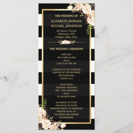 Ivory White Floral B&W Striped Wedding Programme Programmakaart (Voorkant)