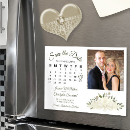 Ivory White Floral Calendar & Photo Save the Date Magnetische Uitnodiging