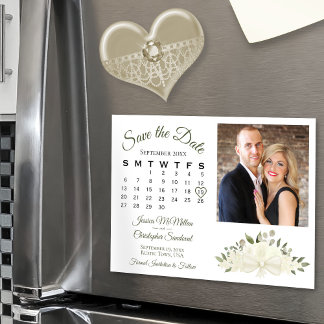 Ivory White Floral Calendar & Photo Save the Date Magnetische Uitnodiging