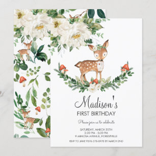 Ivory White Floral Deer Fawn Woodland Birthday Kaart
