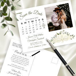 Ivory White Floral Foto & Agenda Save the Date Aankondigingskaart