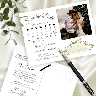 Ivory White Floral Foto & Agenda Save the Date Aankondigingskaart