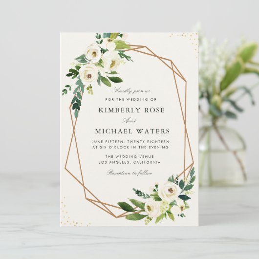 Ivory white floral geometric bruiloft kaart (Staand voorkant)