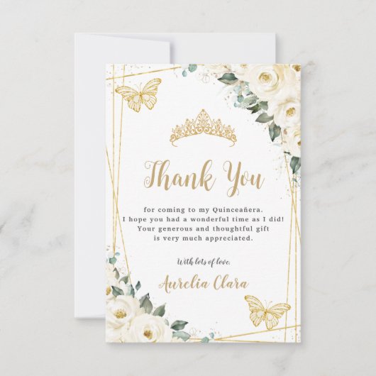Ivory White Floral Gold Butterflies Quinceañera Bedankkaart (Voorkant)